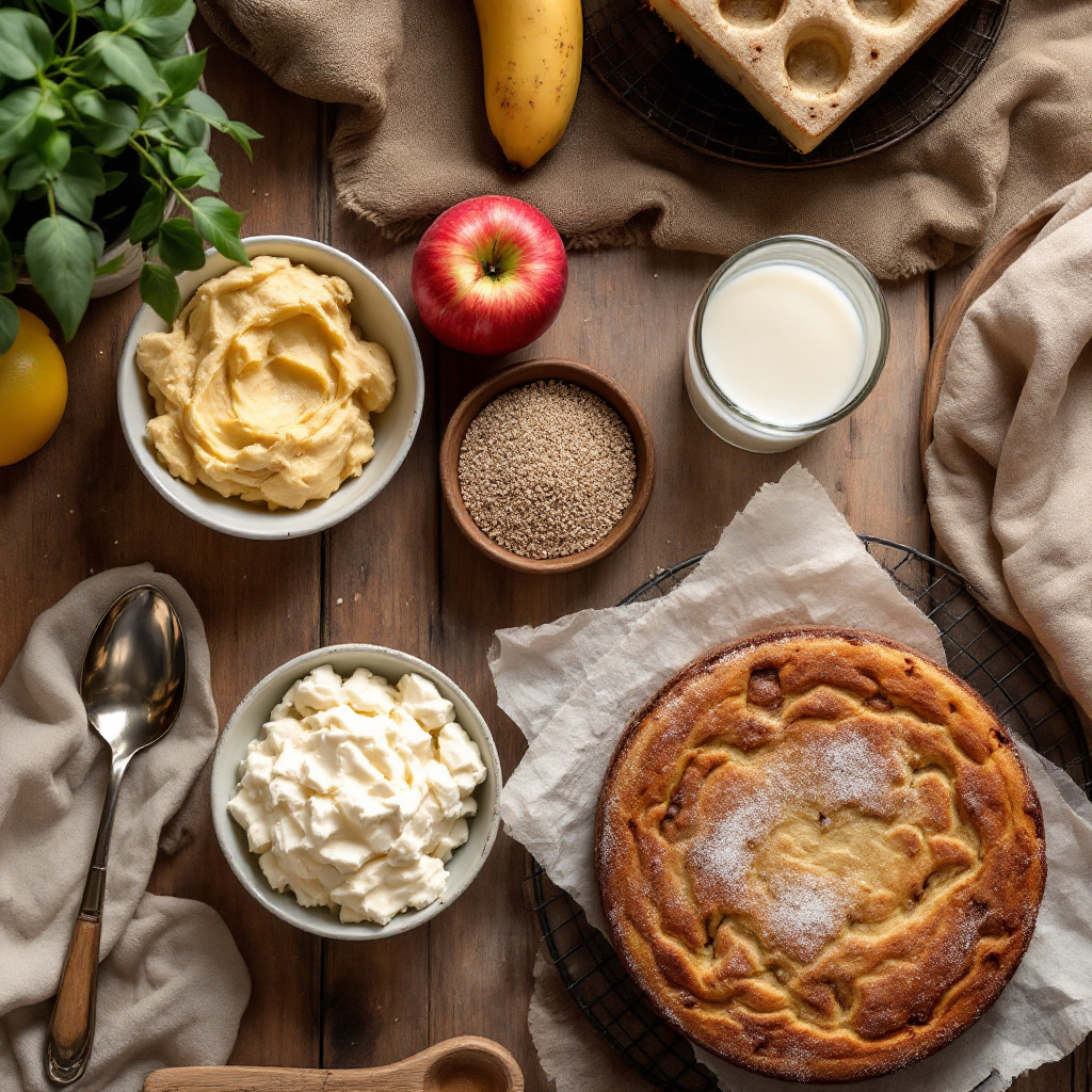 Zutaten für Ei Ersatz beim Backen vegan wie Banane, Apfelmus, Leinsamen und Aquafaba