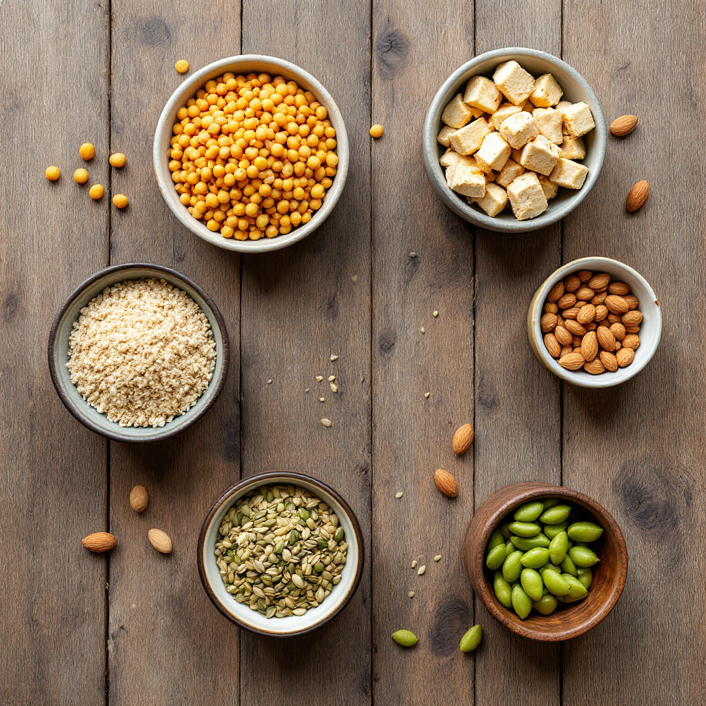 Pflanzliche Proteinquellen Liste mit Linsen, Kichererbsen, Tofu, Quinoa und Samen auf Holztisch