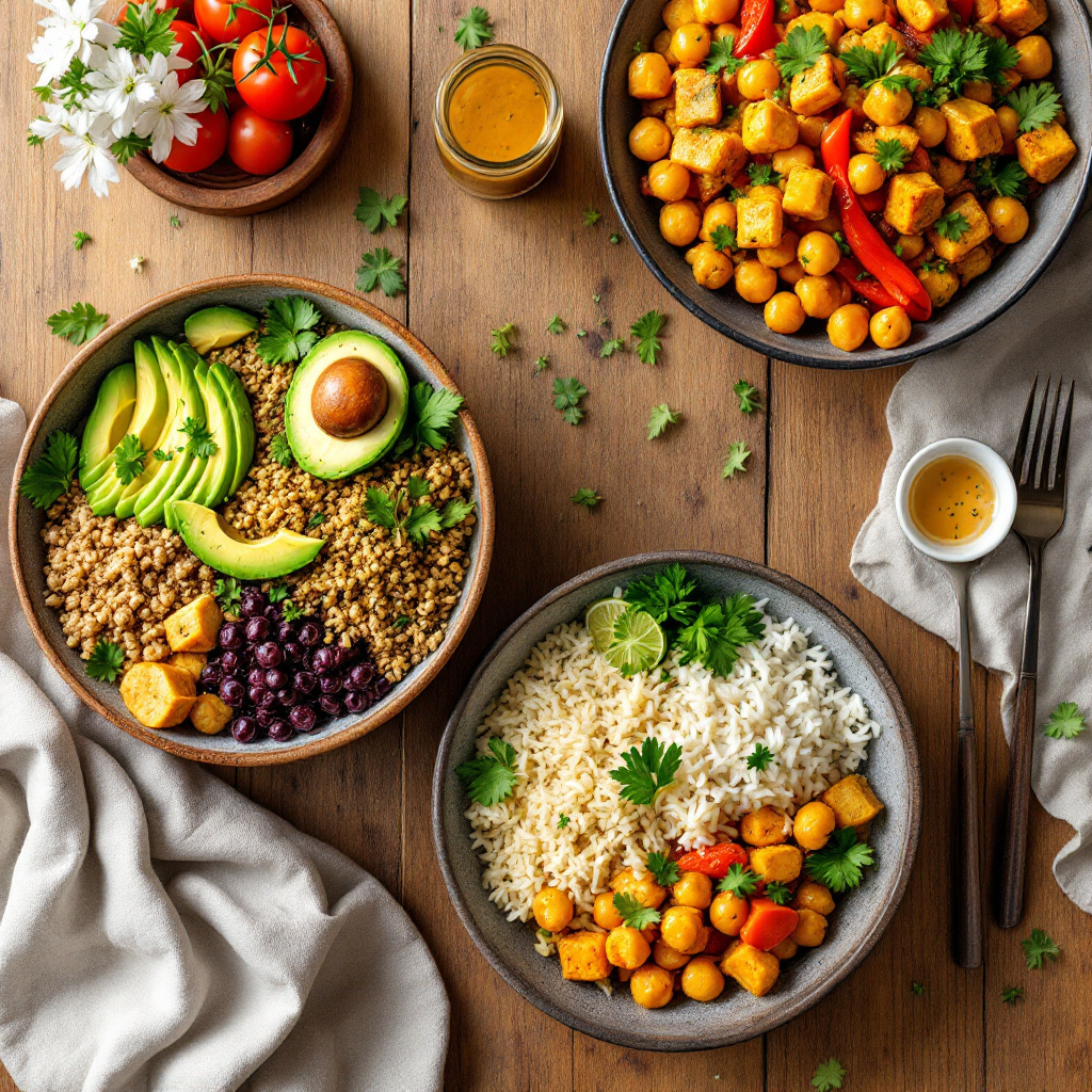 Schnelle vegane Gerichte unter 30 Minuten auf einem Holztisch angerichtet