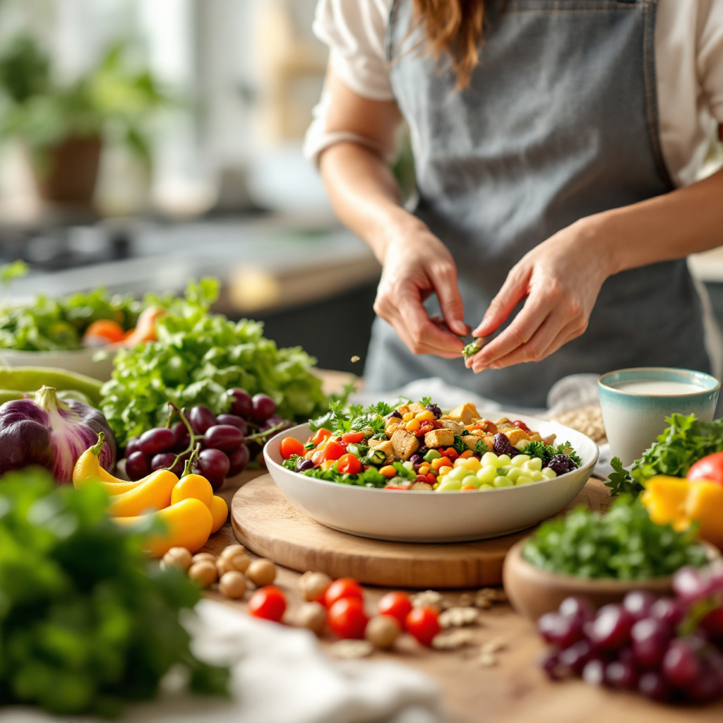 Vegan werden erste Schritte: pflanzliche Zutaten und veganes Gericht in heller Küche