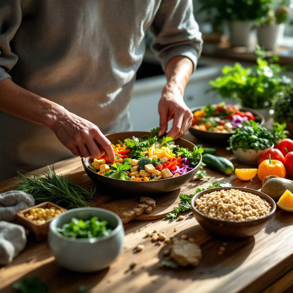 Frische Zutaten für die vegane Ernährung Umstellung Tipps auf einem Küchentisch