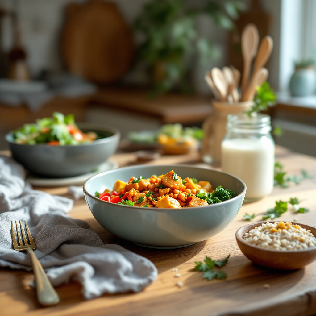 Vegane Rezepte für Anfänger einfach zubereitet mit Linsencurry und frischem Gemüse