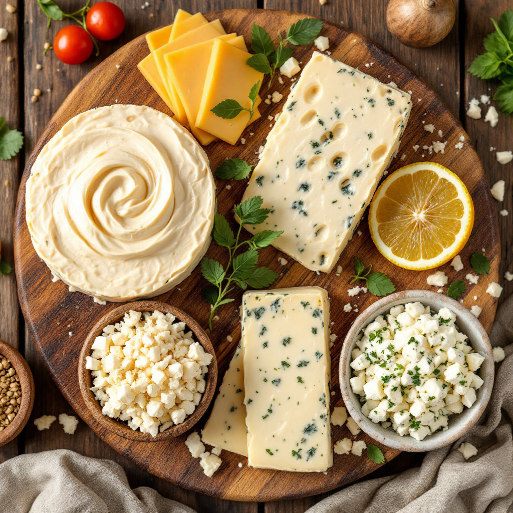 Veganer Käse Alternativen Vergleich verschiedener pflanzlicher Käsesorten auf einem Holzbrett