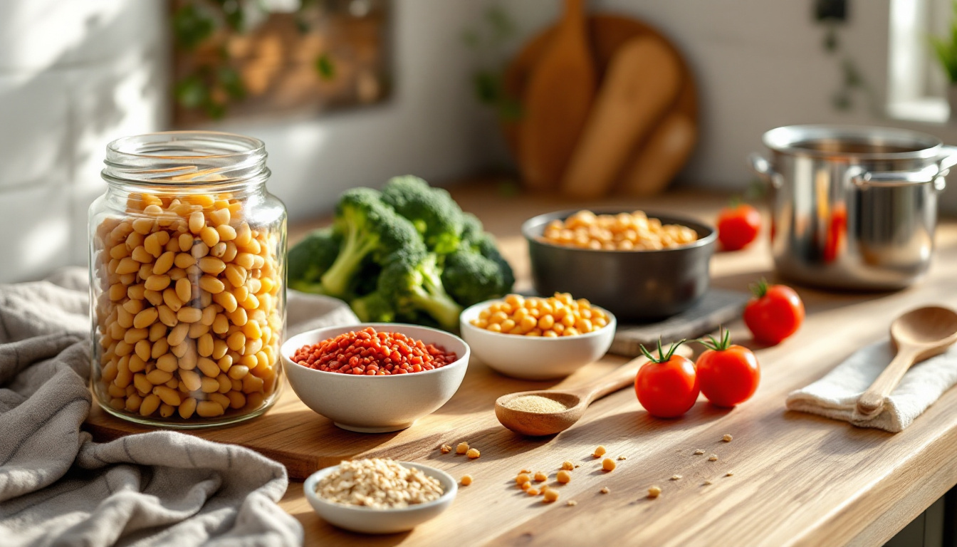 Zutaten für einfache Rezepte vegan auf einer Holzarbeitsplatte angeordnet