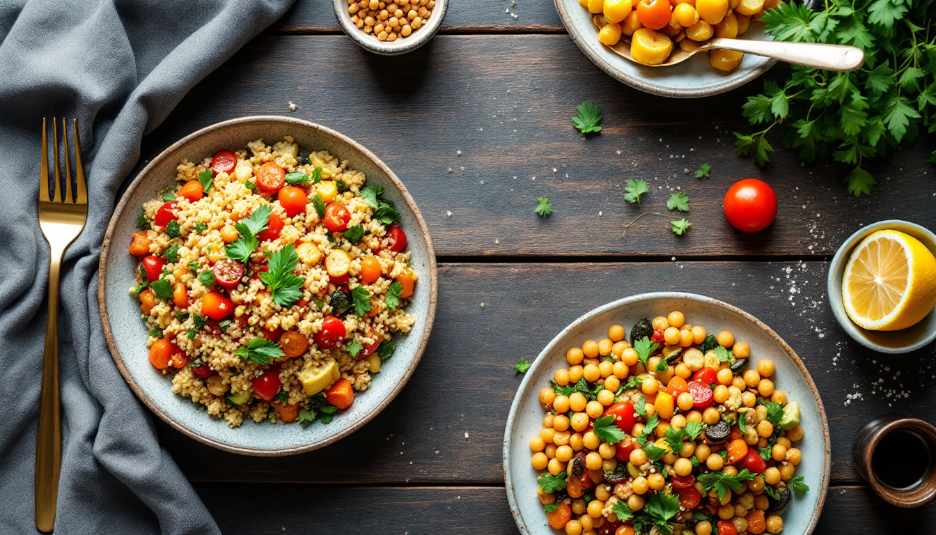 Leichte vegetarische Gerichte mit Quinoa-Bowl, Kichererbsensalat und Ofengemüse auf Holztisch