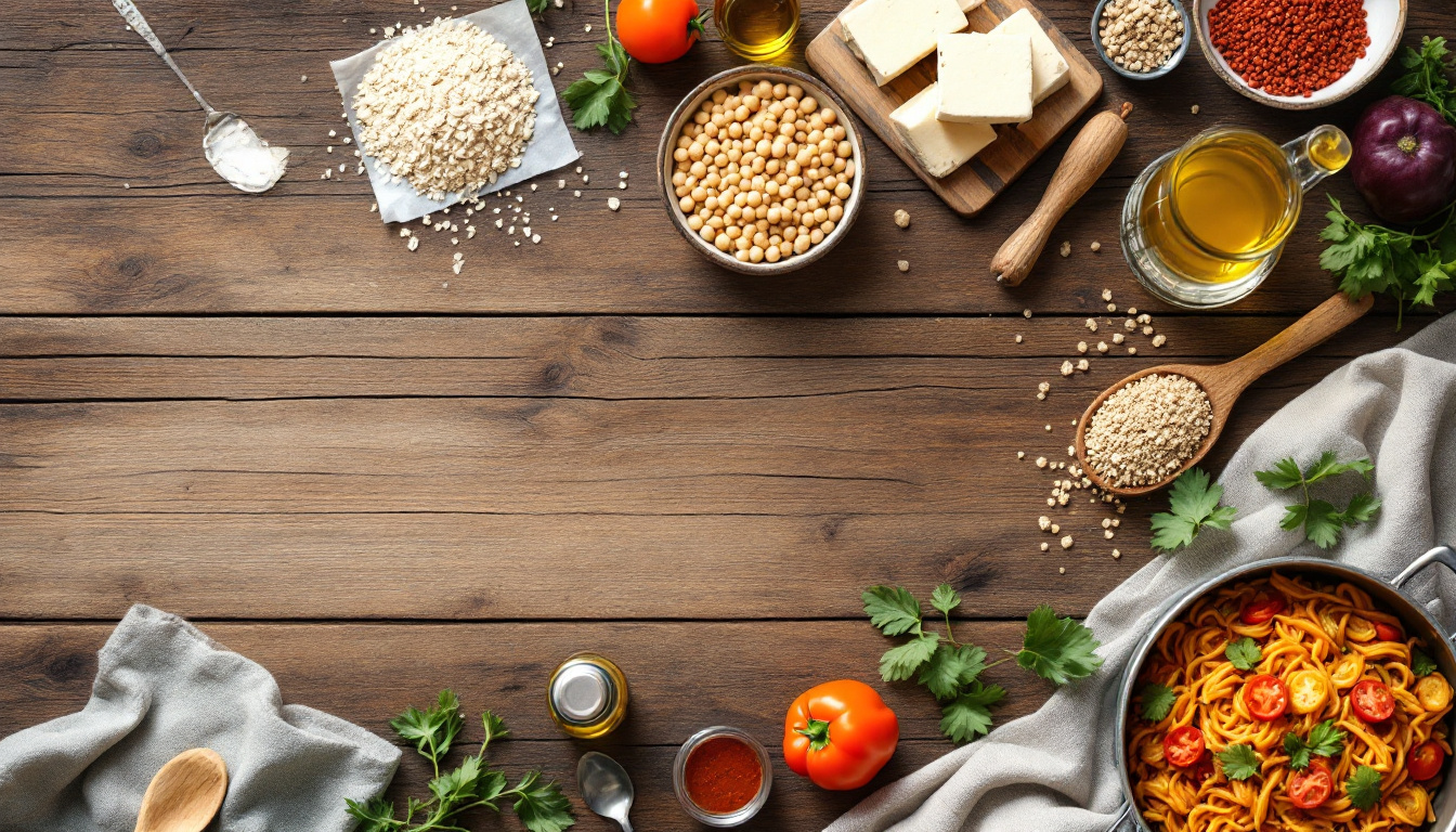 Zutaten und Gerichte für vegane Rezepte einfach auf einem Holztisch
