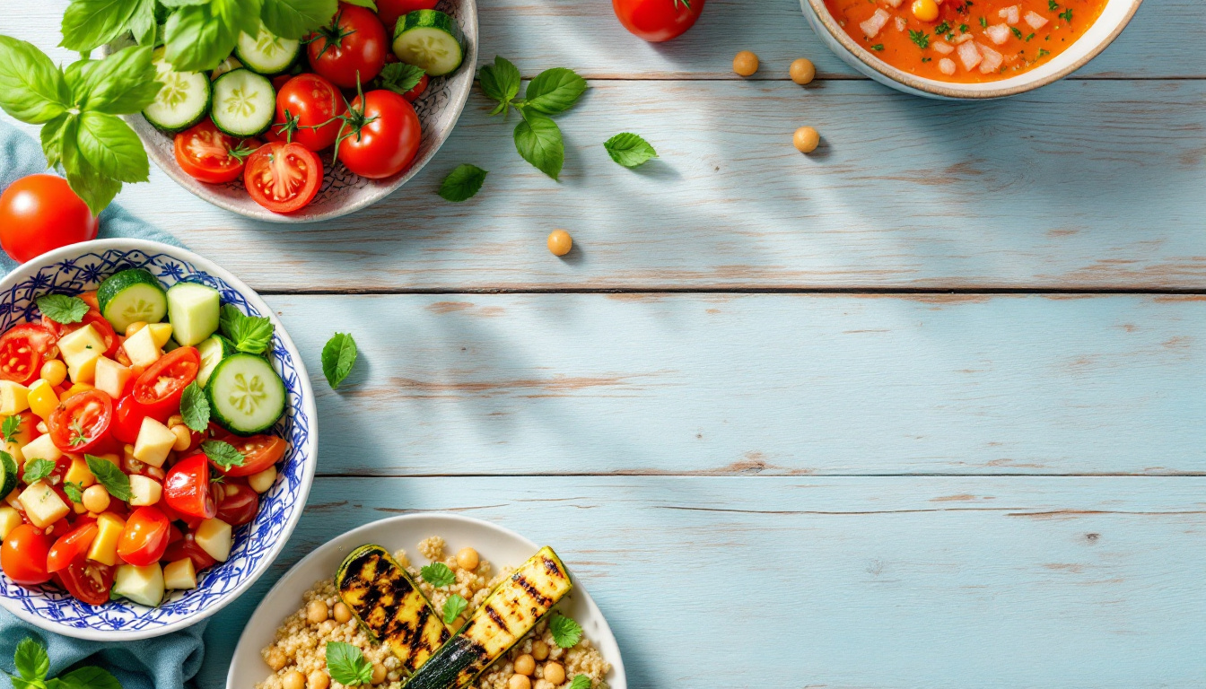 Vegane Sommergerichte mit frischem Gemüse, Gazpacho und Bowl auf Holztisch