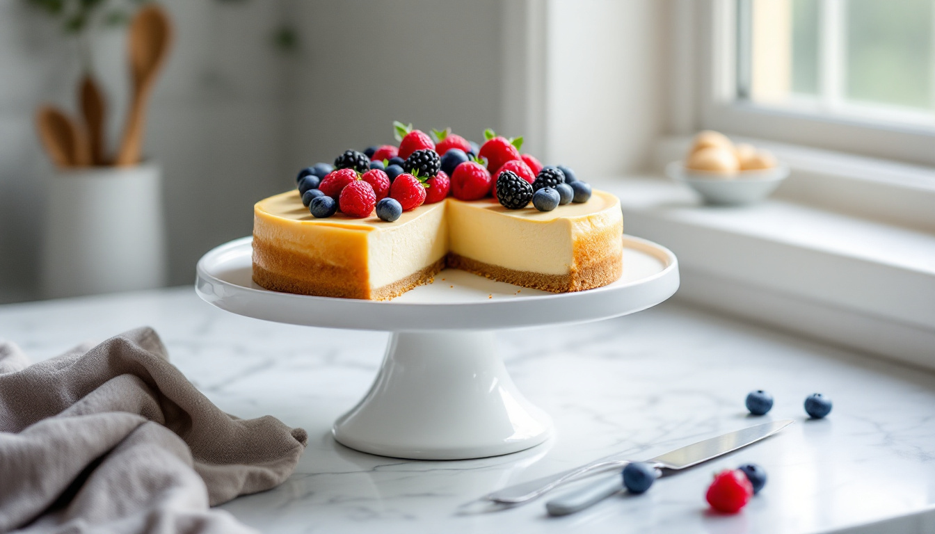 Vegan Käsekuchen Rezept: cremiger Käsekuchen ohne Ei mit Beeren auf einer Kuchenplatte