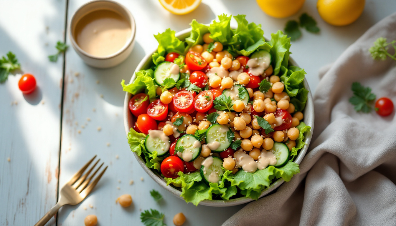Veganer Salat Rezept mit Kichererbsen, Gemüse und cremigem Tahini-Dressing in einer Schüssel